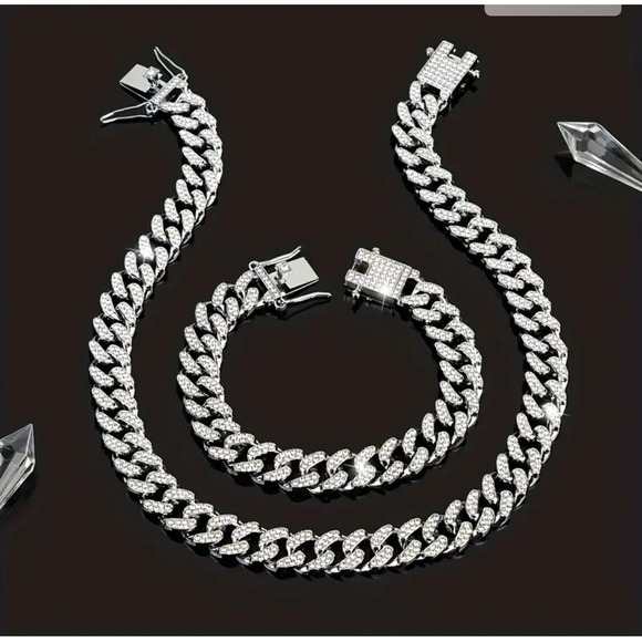 2pcs Necklace 24" Plus Bracelet 8" Hip Hop Style Jewelry Set Trendy Cuban Chain - Picture 4 of 4